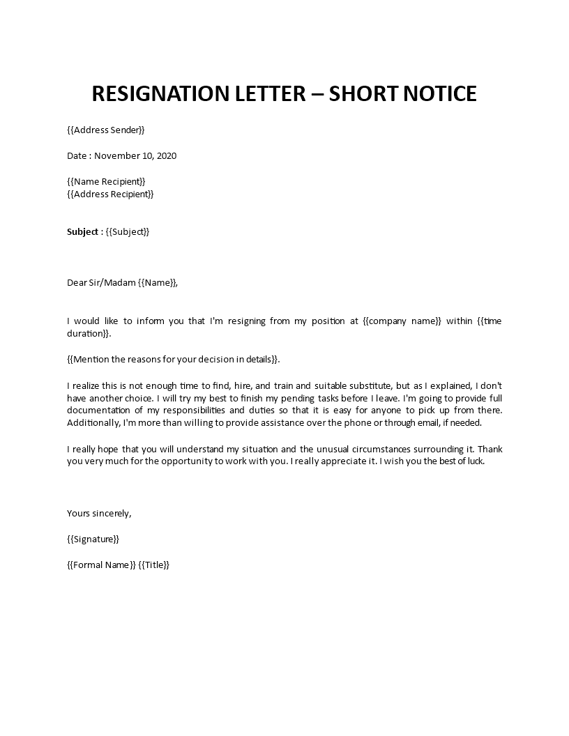 Resignation Letter Sample With Notice Period