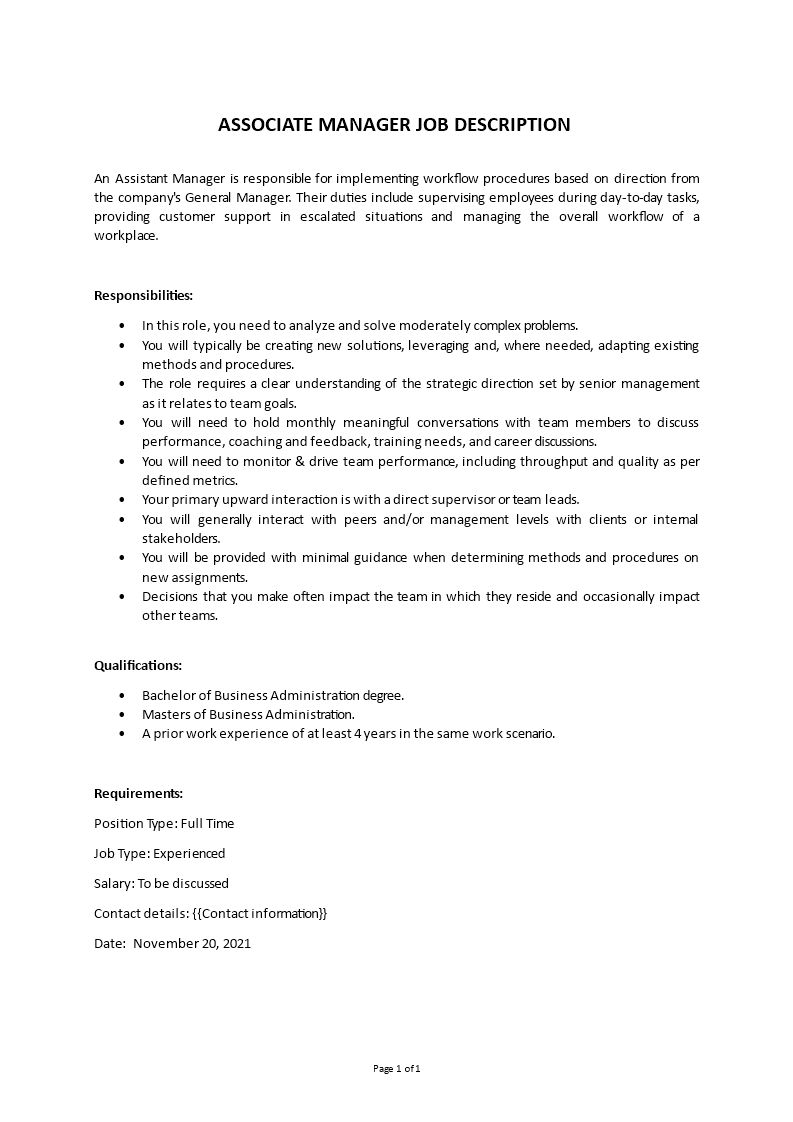 associate manager job description Main Image associate manager job description template