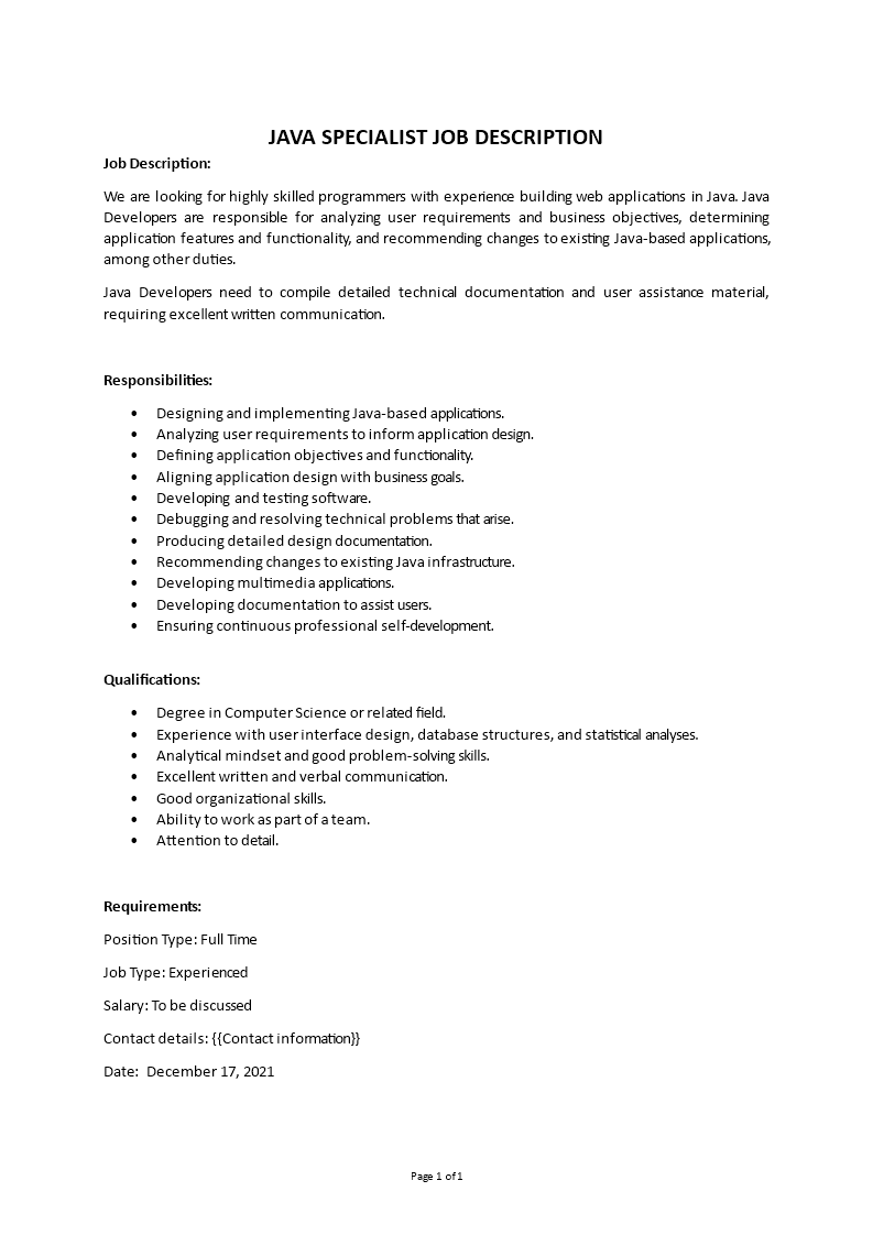 java specialist job description template