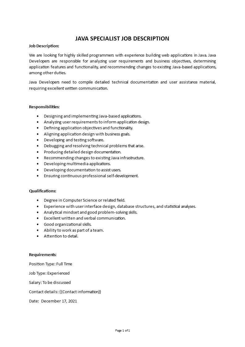 java specialist job description Main Image java specialist job description template