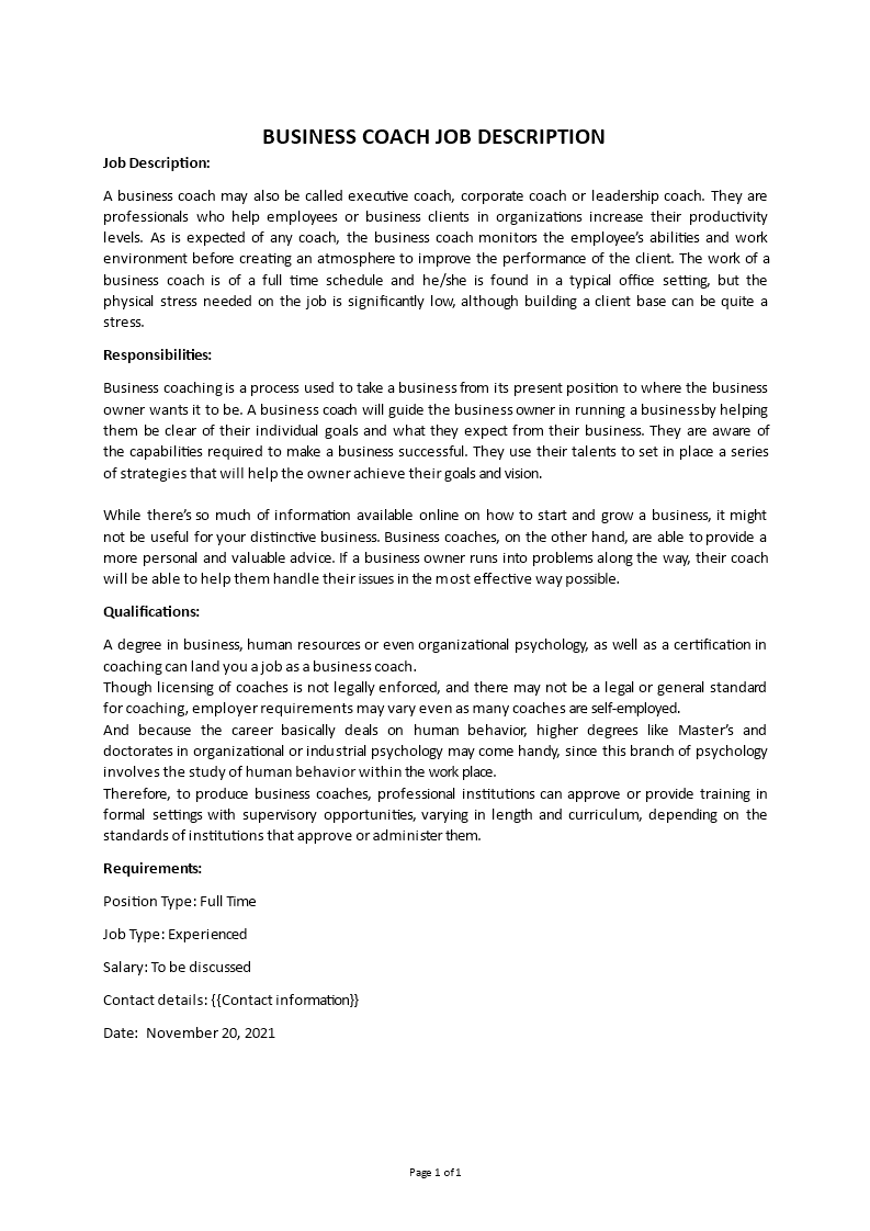 job description business coach
