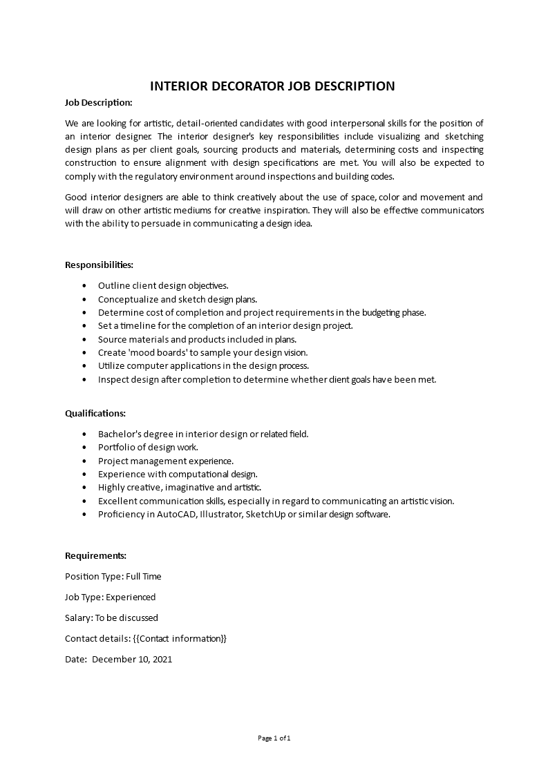interior decorator job description Main Image interior decorator job description template