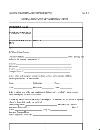 Medical Authorization Letter Template - Authorize Medical Treatment for Guardian via Phone