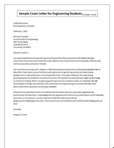 Cover Letter for Engineering Graduate - Internship Position