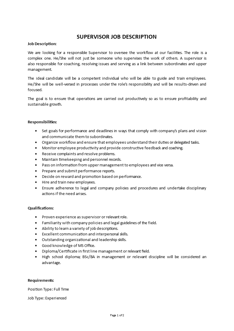 supervisor job description Main Image supervisor job description template