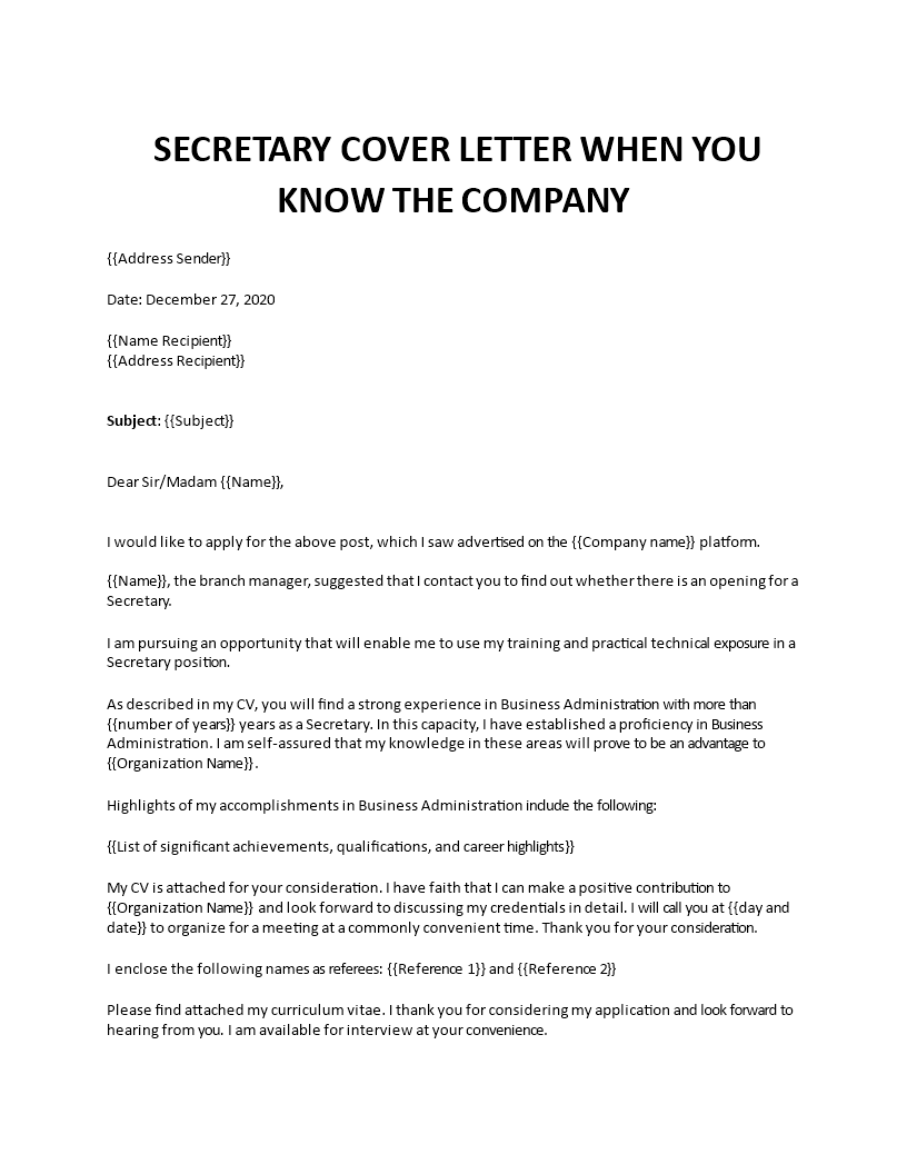 secretary cover letter