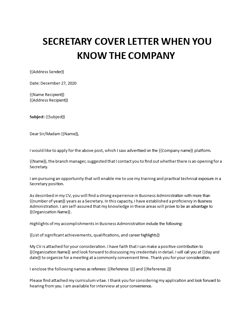 sample cover letter for a secretary position