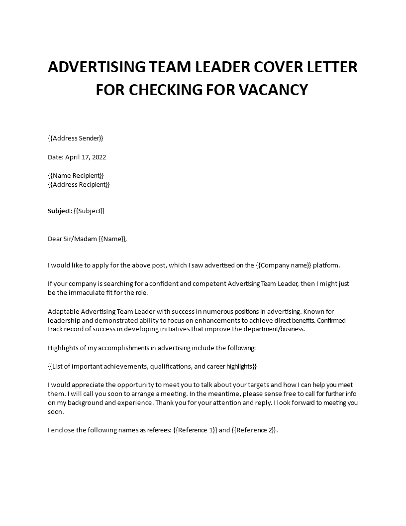 advertising team leader job application letter Main Image advertising team leader job application letter