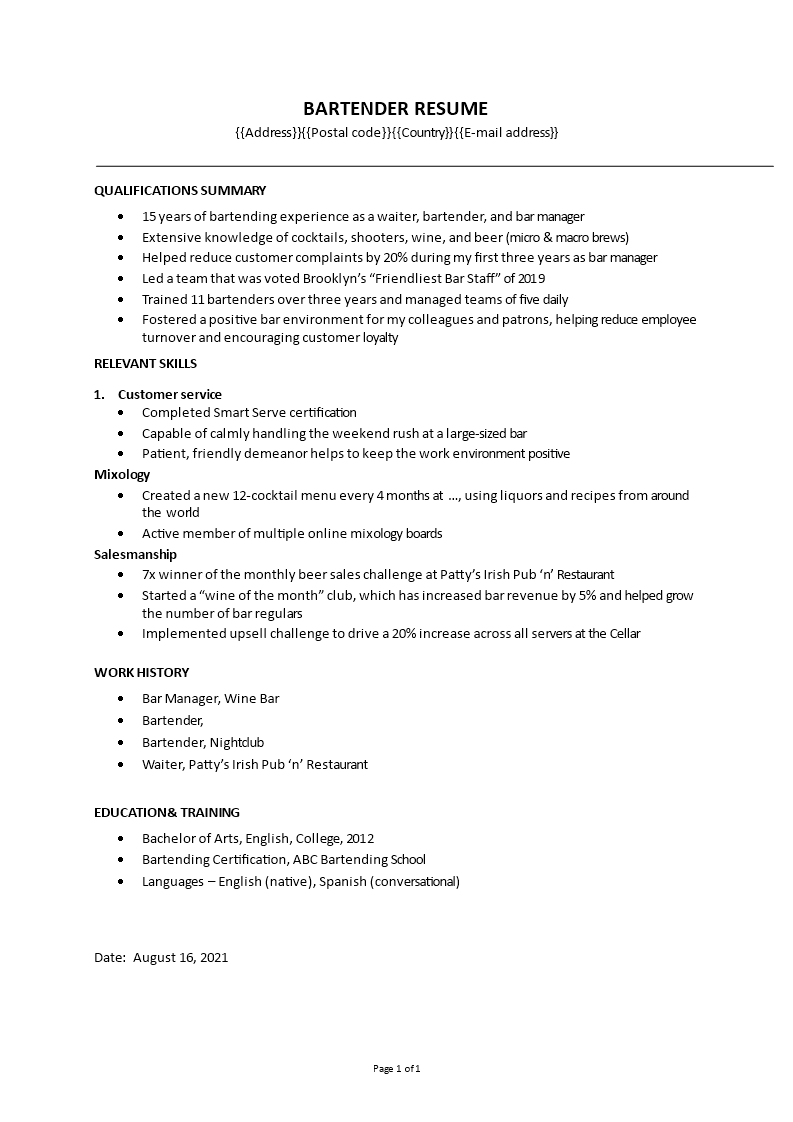 bartender resume