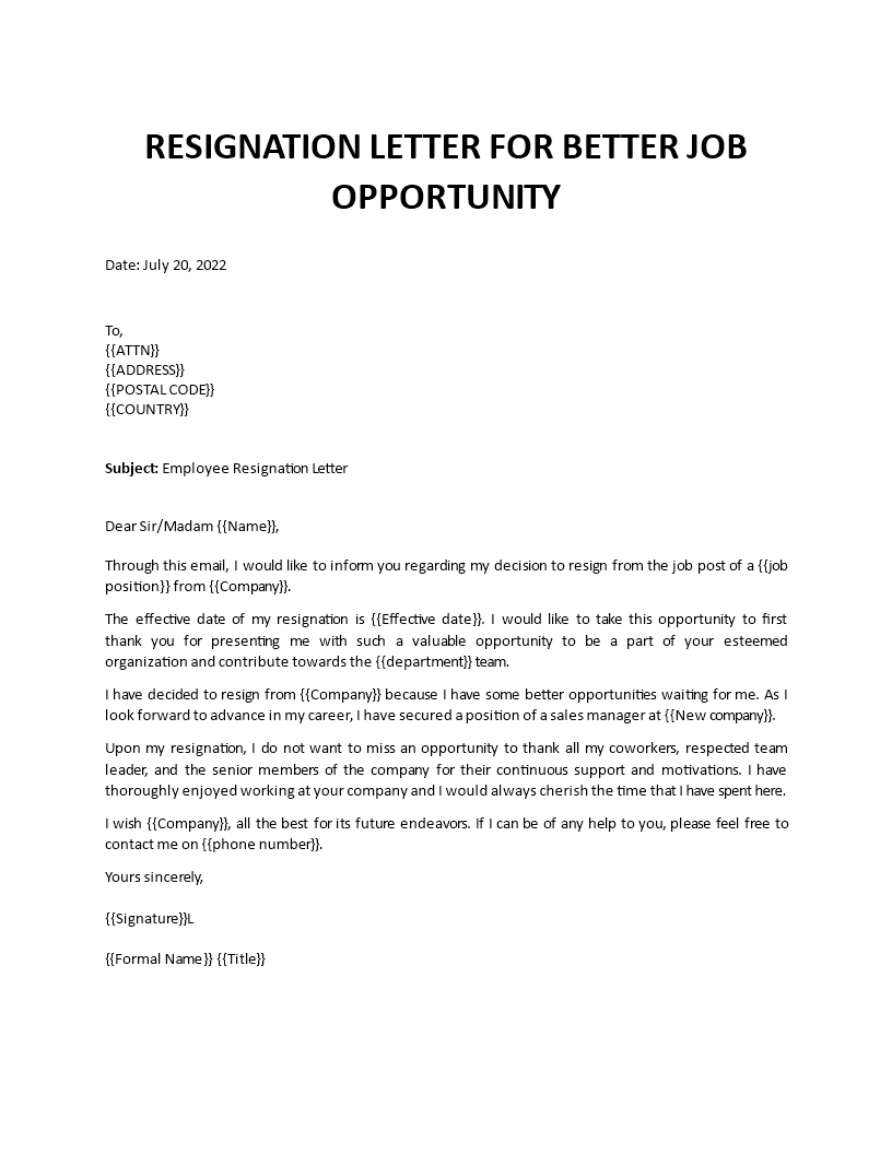 resignation letter better job opportunity Main Image resignation letter better job opportunity