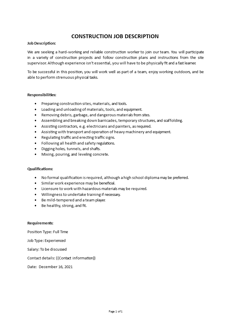 construction job description Main Image construction job description template