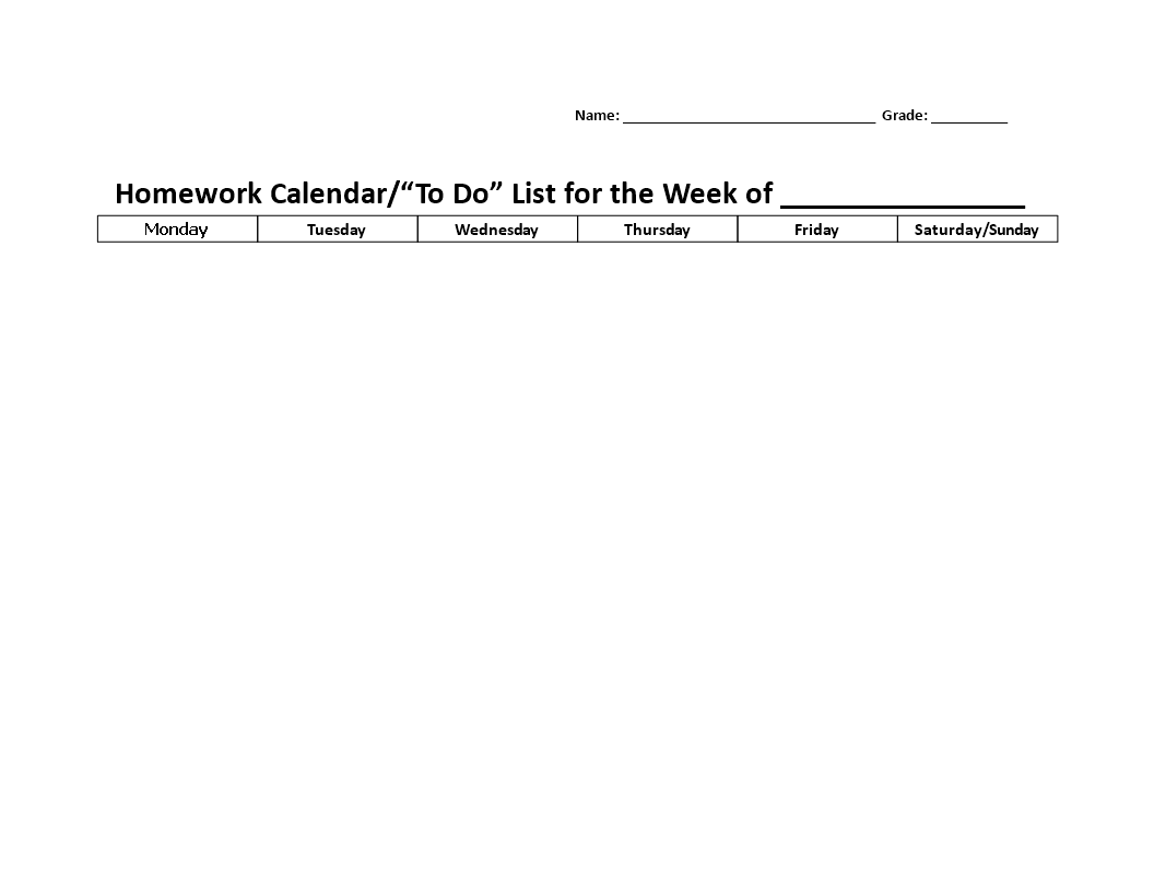 Printable Weekly Homework Calendar