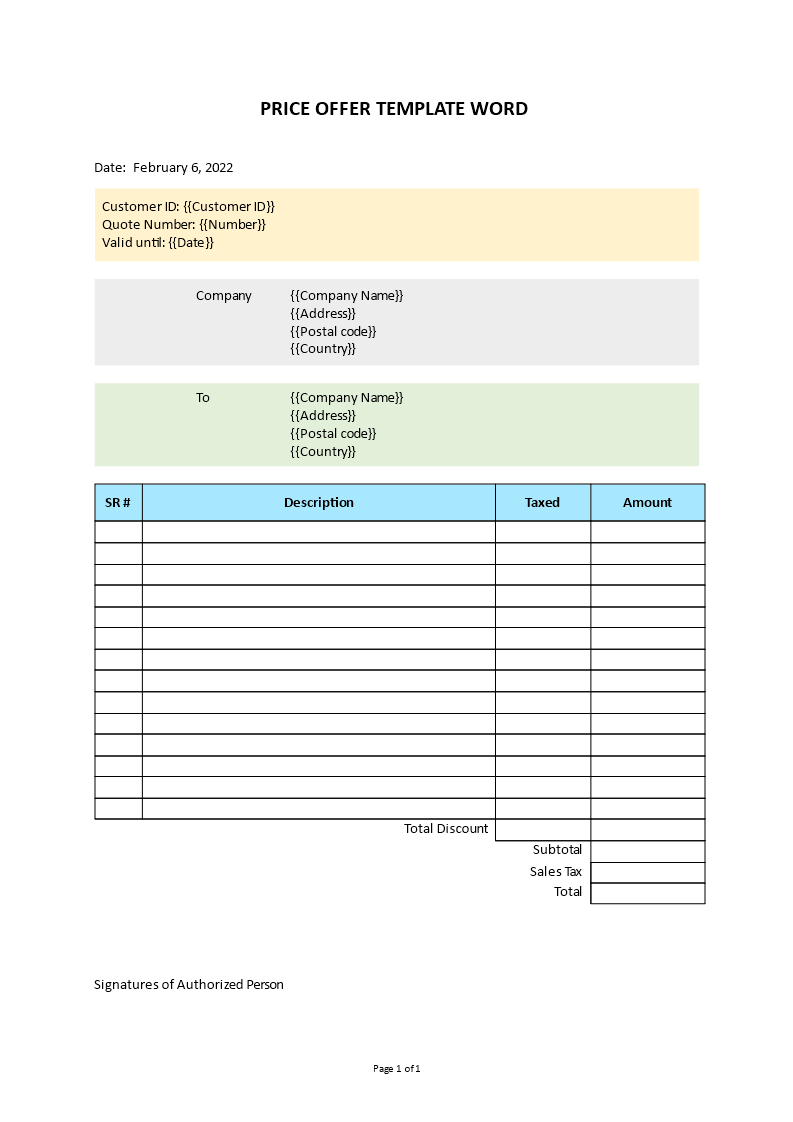 price offer words template