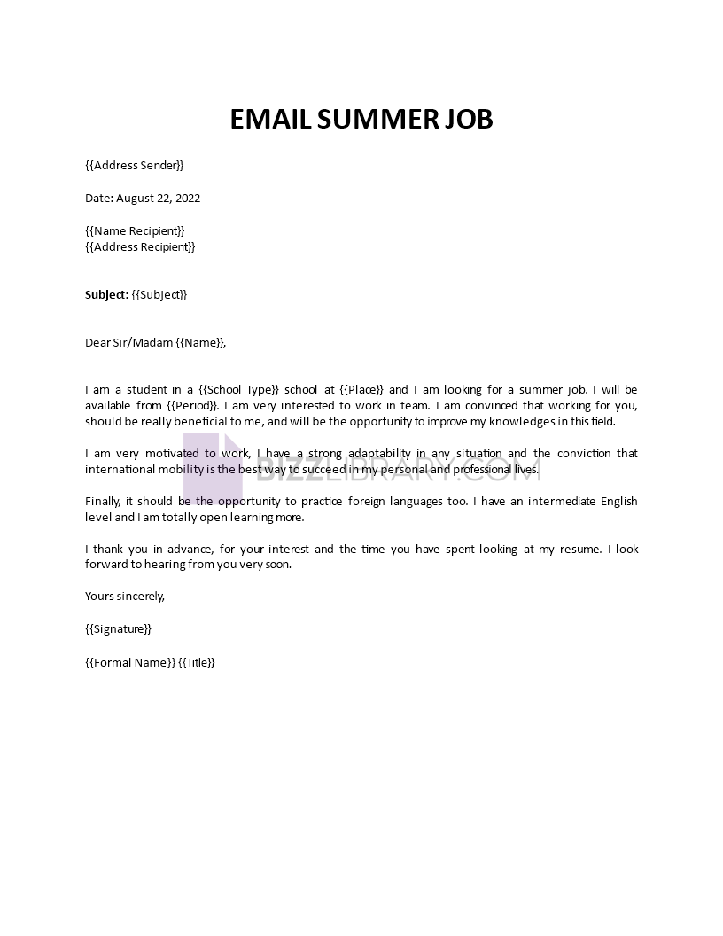 email summer job application template