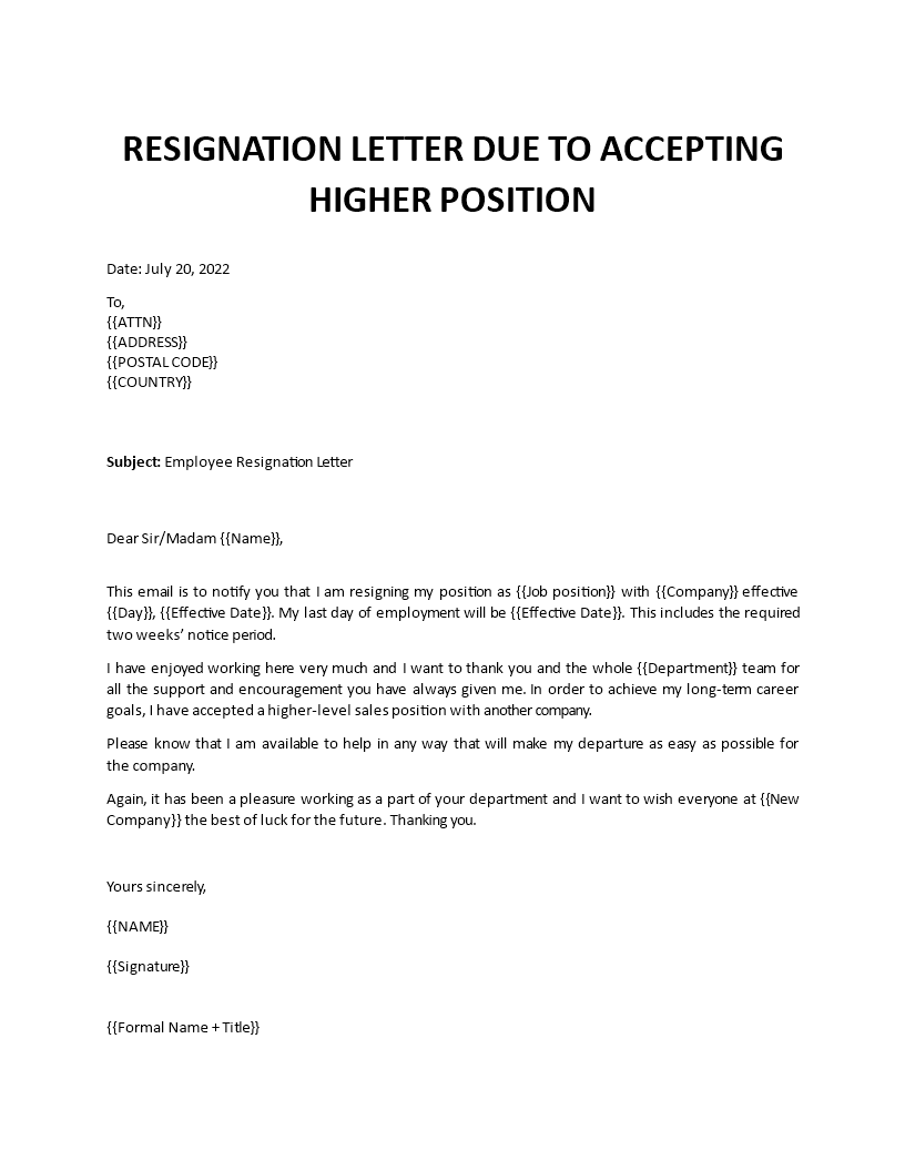 resignation letter due to accepting higher position template