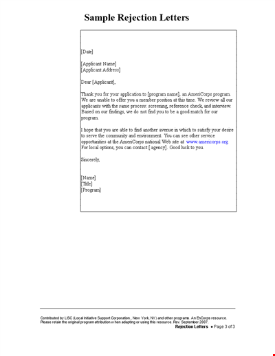 Thank you for your application to our community program - Simple Offer Rejection Letter in PDF