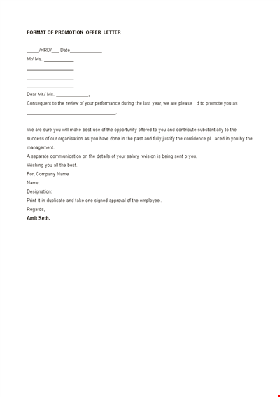 Promotion Offer Letter Template - Format and Sample Promotion Offer