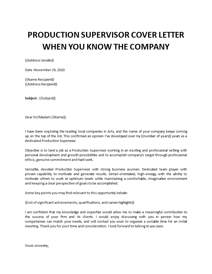 cover letter to apply for production manager