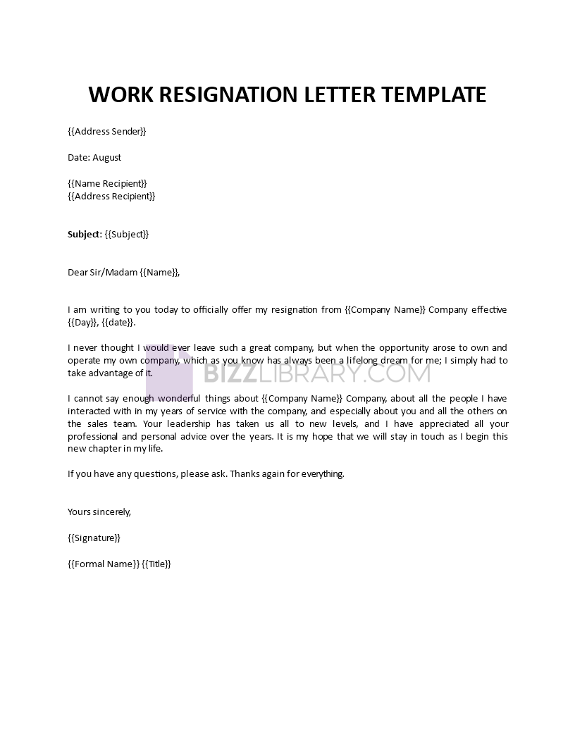 work resignation letter template