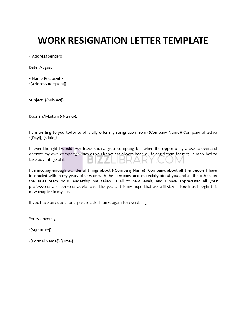 work resignation letter template Main Image work resignation letter template