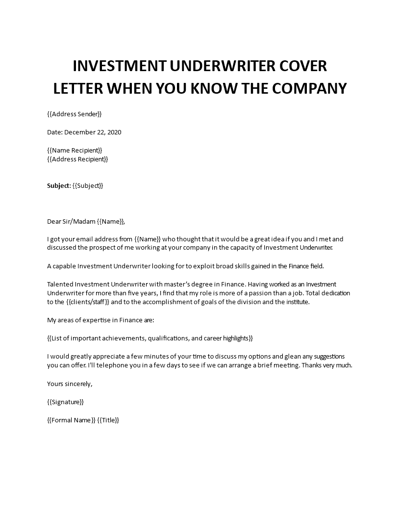 investment underwriter cover letter template