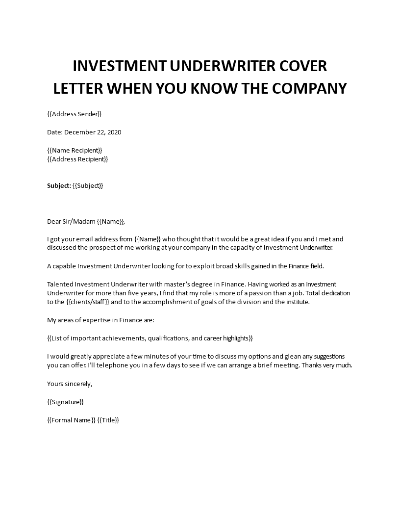 investment underwriter cover letter Main Image investment underwriter cover letter template