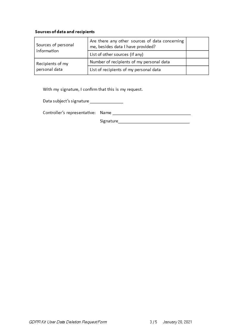 user data deletion request form example