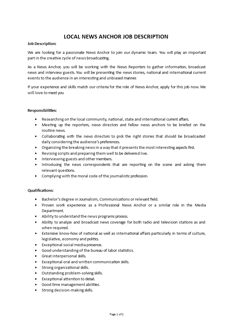 job description news anchor Main Image job description news anchor template