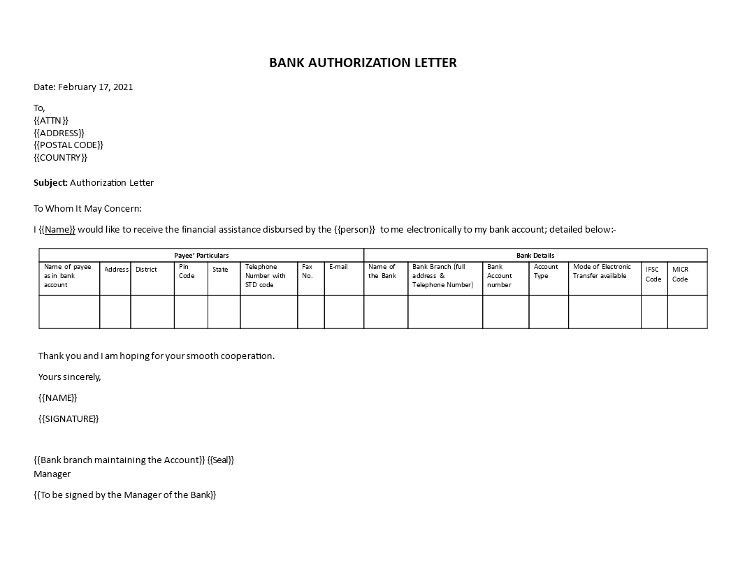 bank authorization letter template