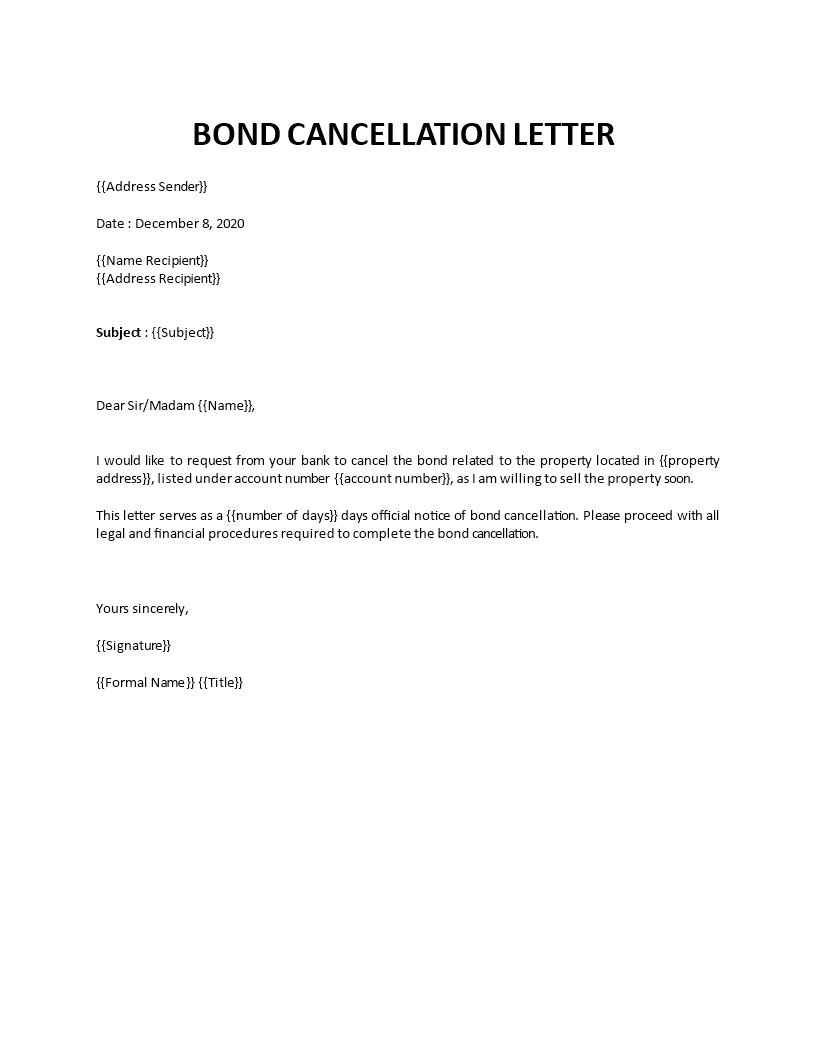 bond cancellation letter template