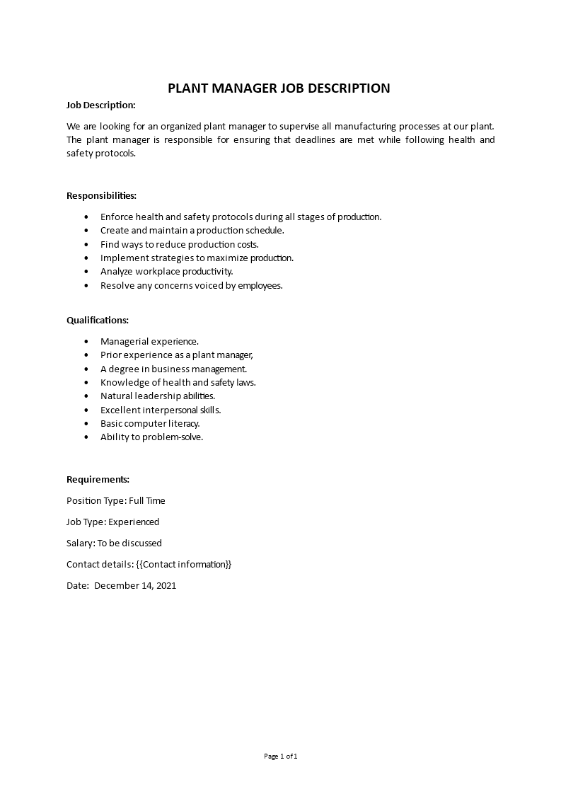 plant manager job description