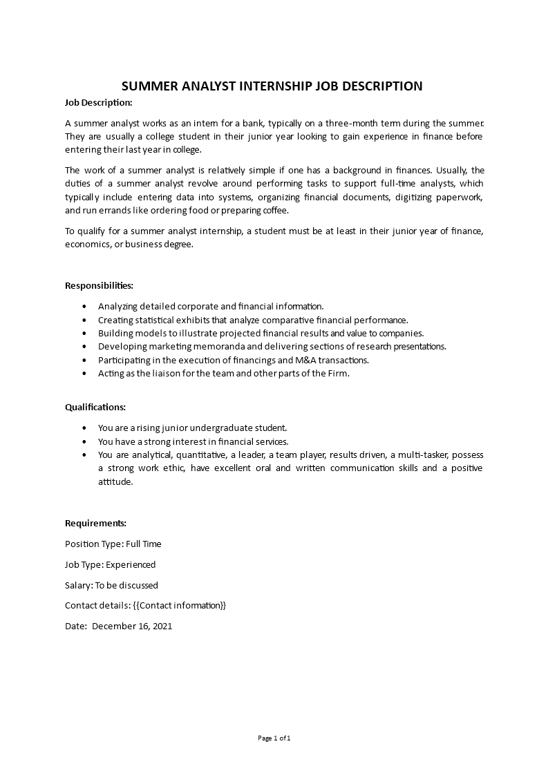 summer analyst internship job description