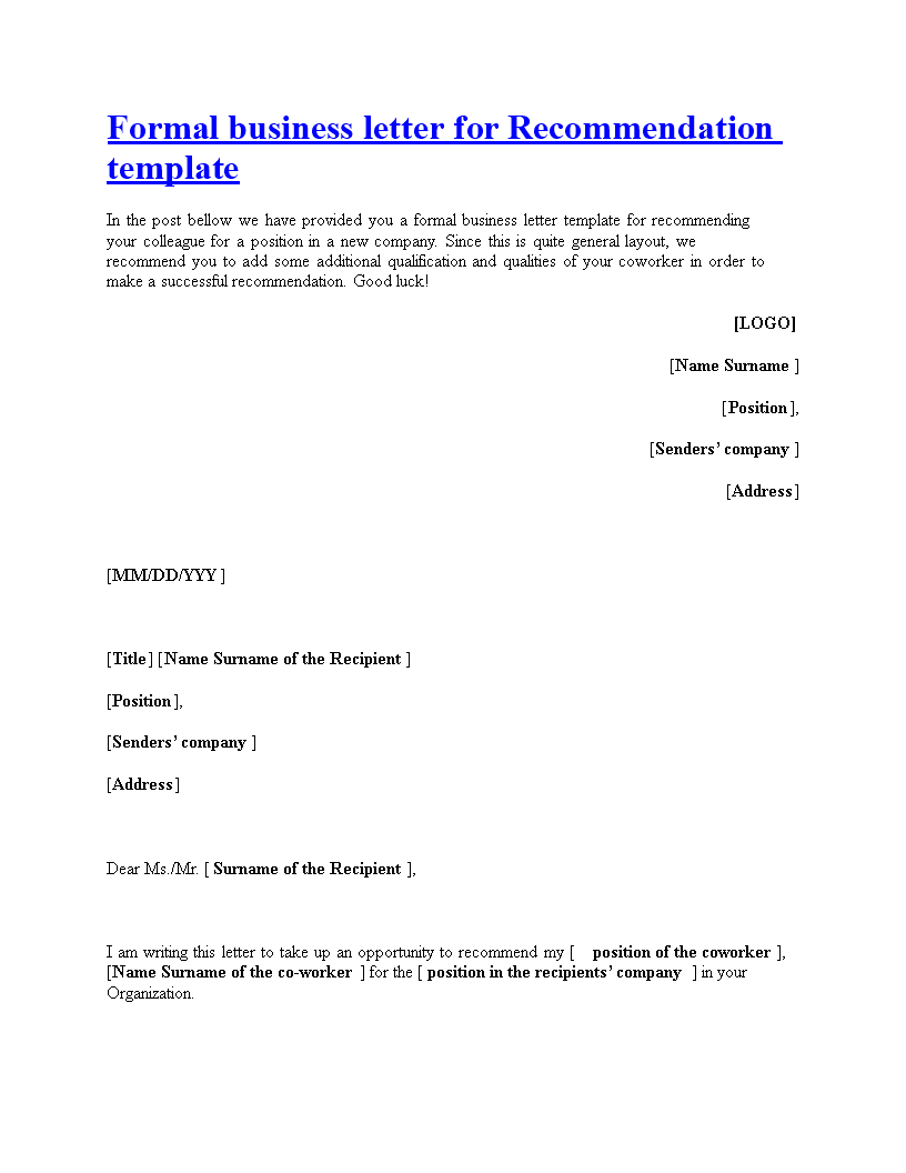 business recommendation letter template template