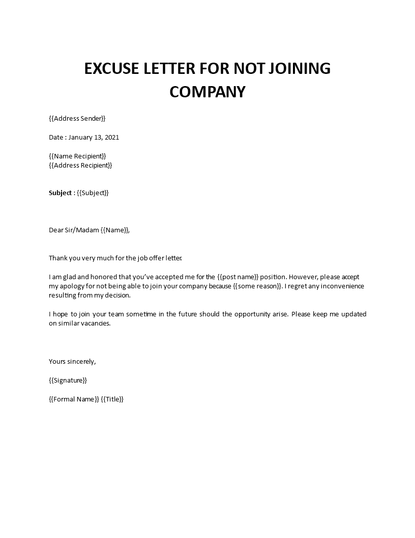 excuse letter not joining company