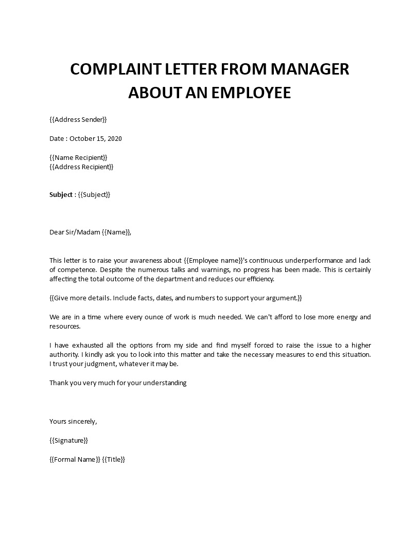 Complaint letter to manager about employee