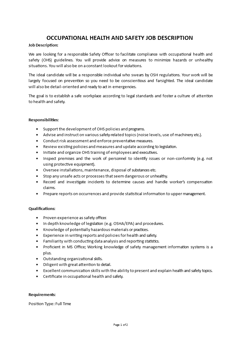 occupational health and safety specialist job description