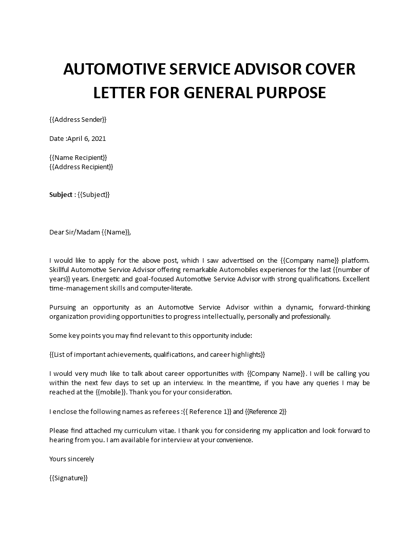 service advisor cover letter 
