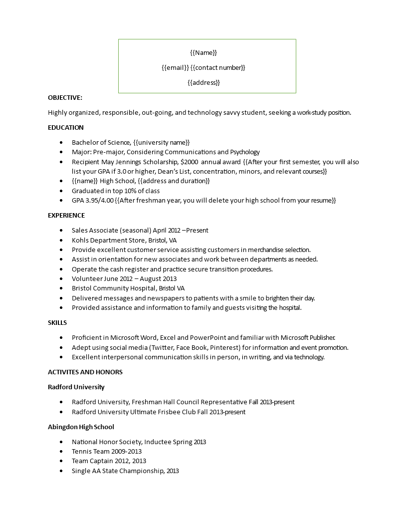 college freshmen resume