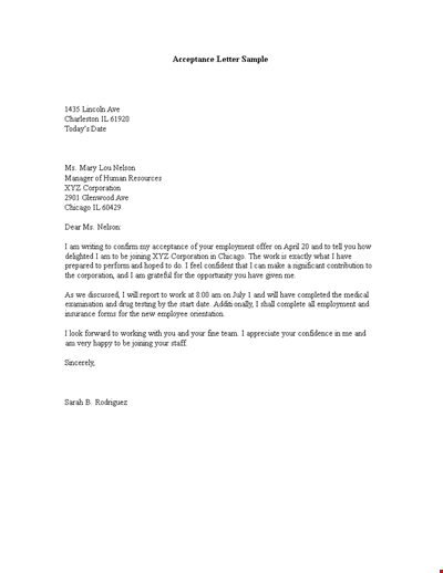 Sample Employment Offer Acceptance Letter - Nelson Corporation