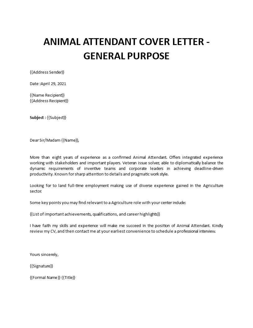 animal attendant cover letter template