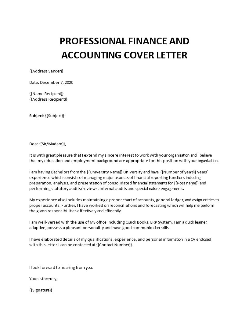 finance and accounting cover letter