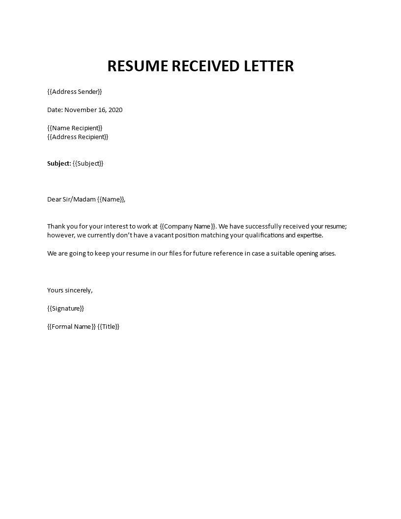 resume received letter