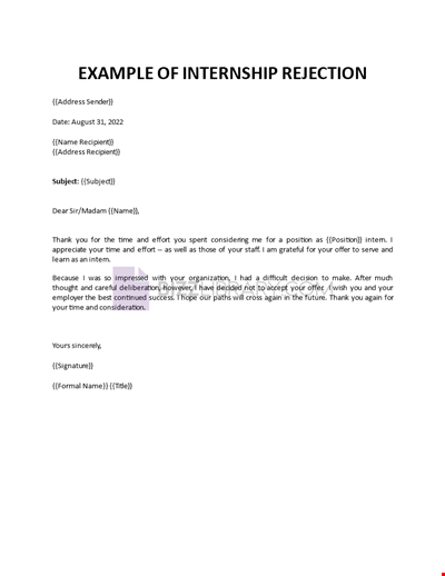 Internship Rejection Letter Template