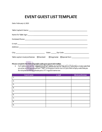 Event Guest List Template