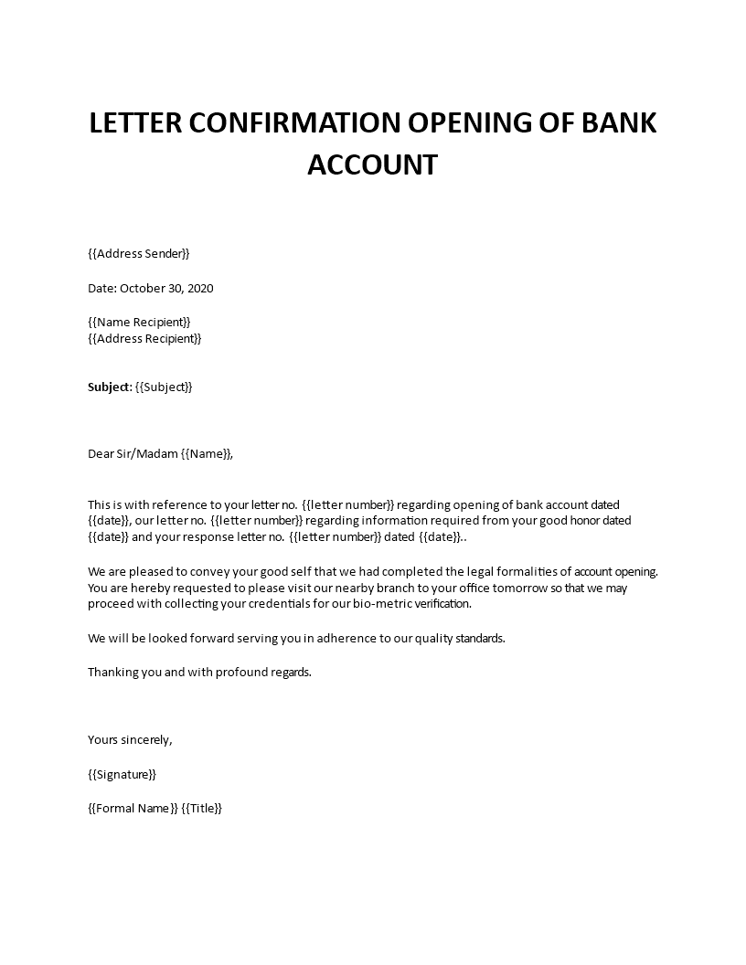 bank account opening confirmation template