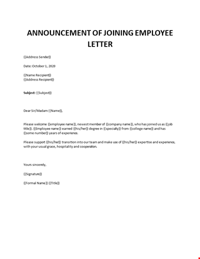Announcement of joining employee letter 