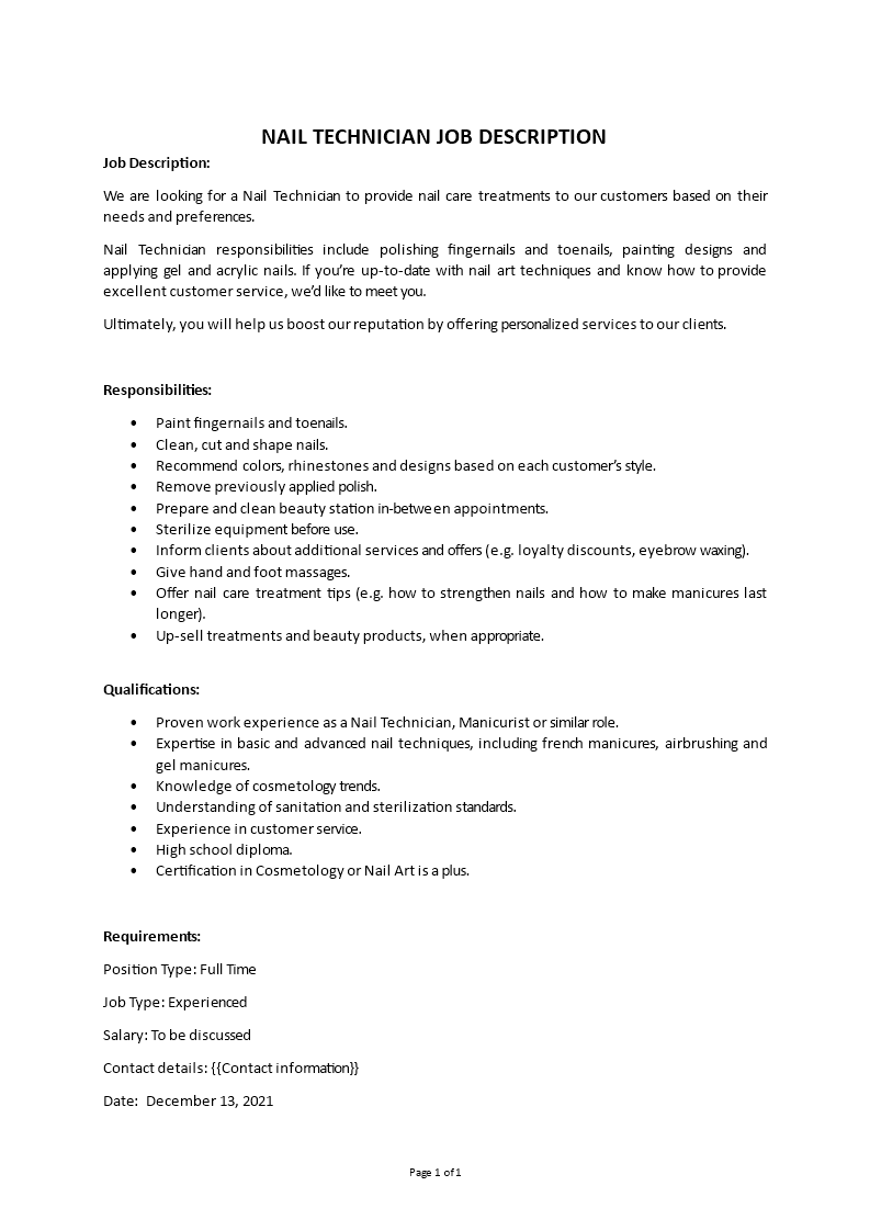 Nail Technician Job Description