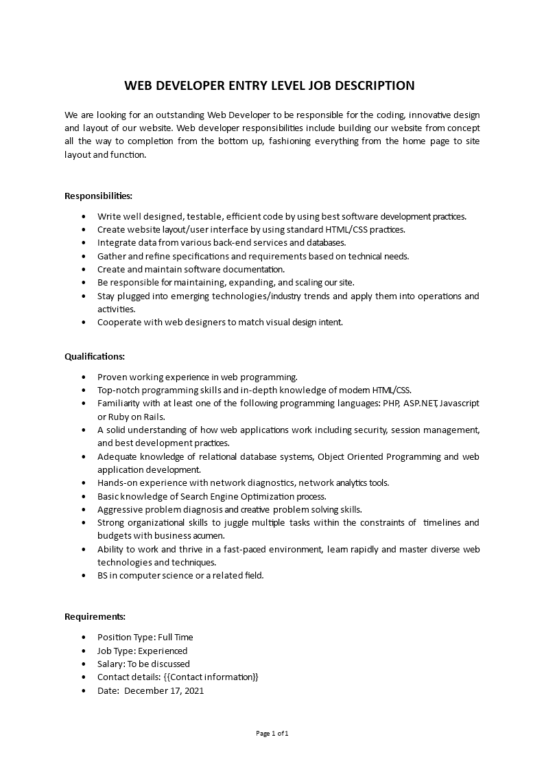 web developer entry level job description Main Image web developer entry level job description