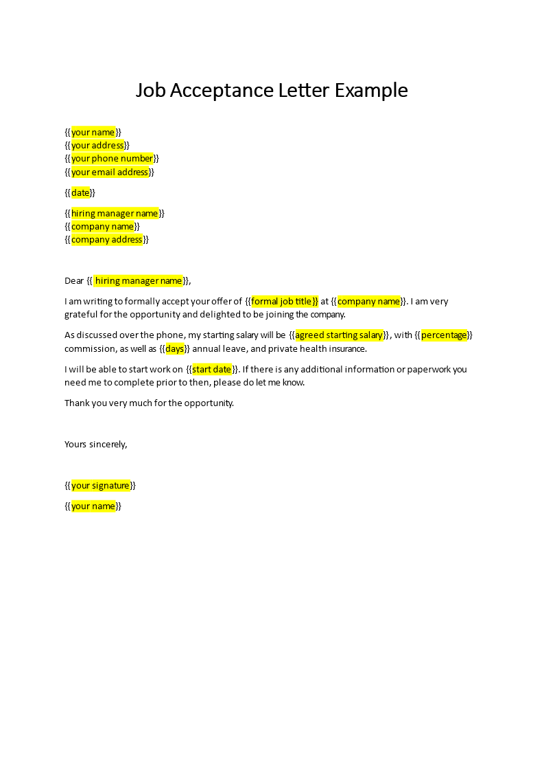 job acceptance letter to company template