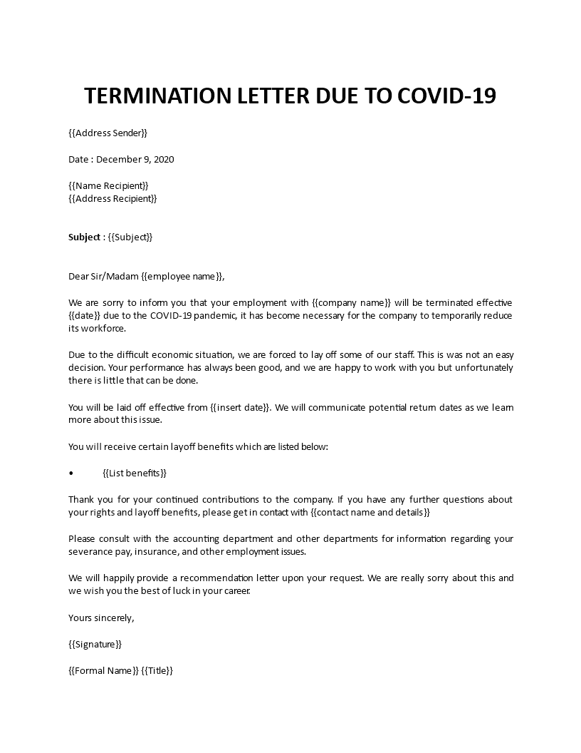 Termination letter Covid 22 With Regard To Retrenchment Letter Template